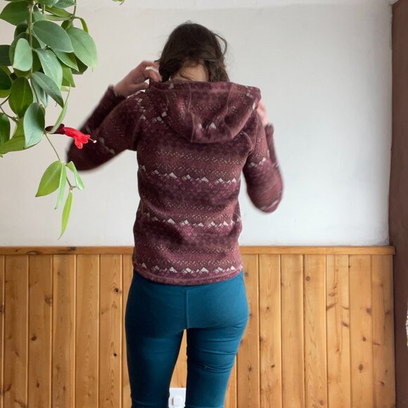 XS The North Face Printed Crescent Hooded Pullover Marron Purple Landscape Knit - Picture 2 of 4